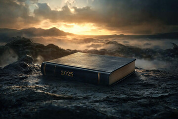 A new chapter for 2025 year. Scene is set against a backdrop of misty mountains and clouds, creating a dramatic atmosphere.