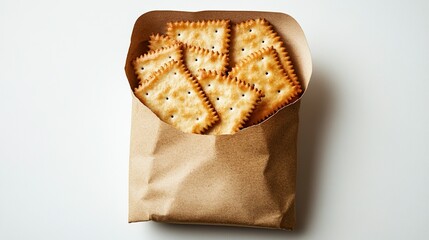 a package of fish-shaped crackers. The crackers are neatly arranged, and the background is a solid ...