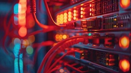 Naklejka premium Server room interior macro close up data center at night time cyberspace led red light and glowing wired