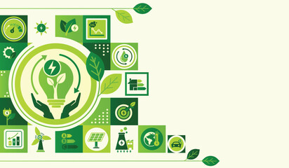 Renewable, green energy, energy efficiency and save energy web banner with icons. Eco house, Sustainable industrial factory. Energy efficient rating class, Green Building for Sustainable Development.