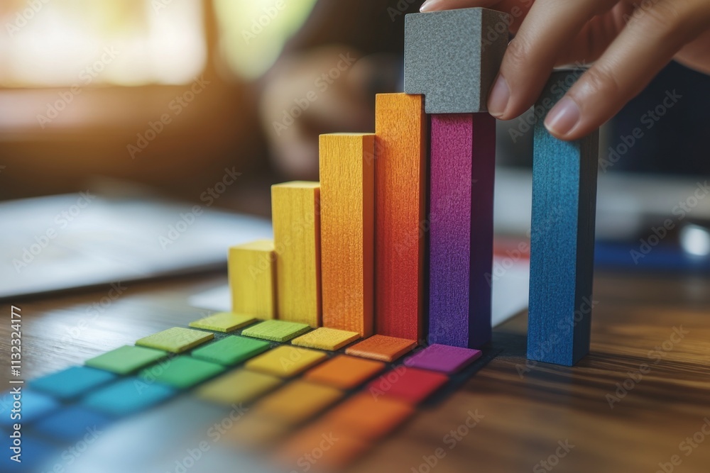 Poster Hand placing colorful block on ascending bar graph.