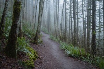 Fototapeta premium Misty forest path, mossy trees, ferns.