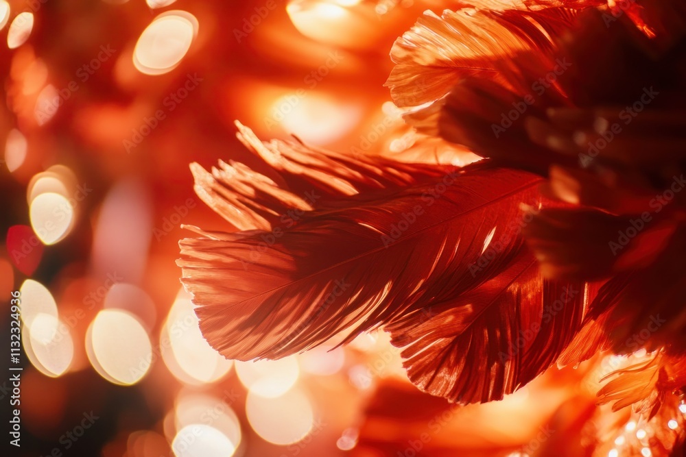 Aufkleber close-up of orange feathers illuminated by warm bokeh lights.