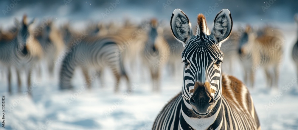 Poster Close-up of a zebra in a snowy field with other zebras in the background. (1)