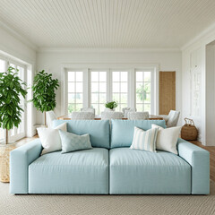 Obraz premium Frame mockup, bright modern living room with a light blue sofa adorned with teal and white patterned cushions