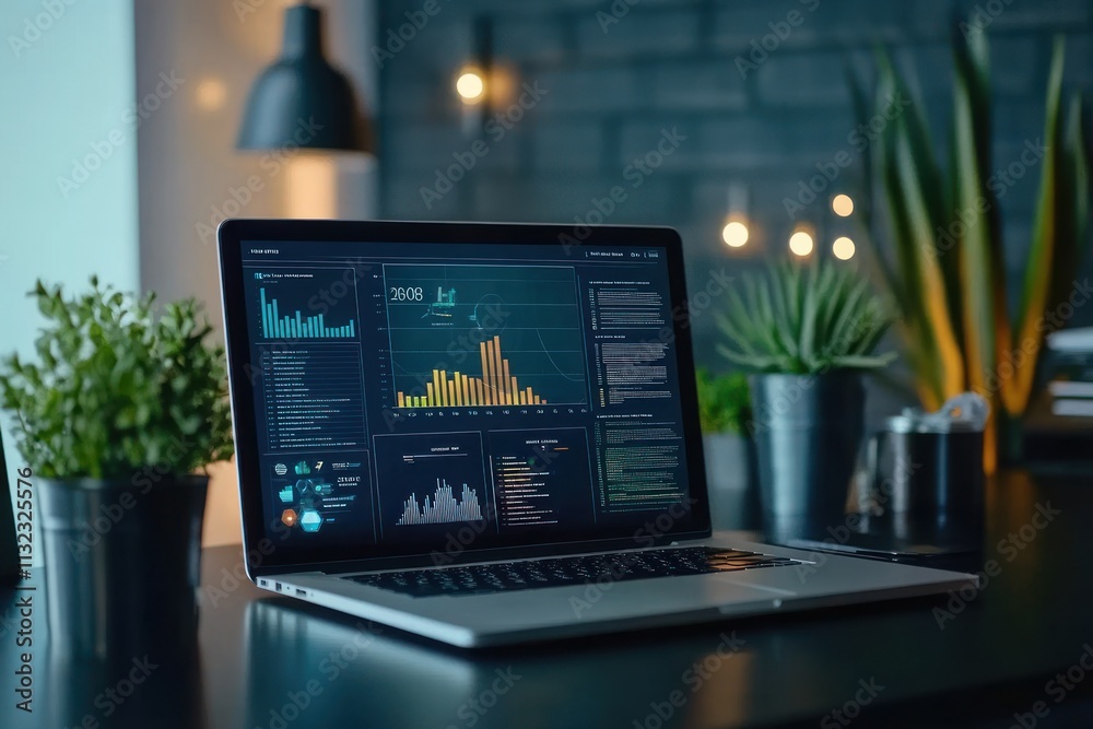 Poster Laptop displaying data analytics charts on a desk with plants.