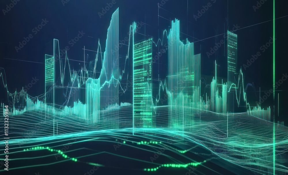 Aufkleber Futuristic cityscape with glowing lines and data visualization.