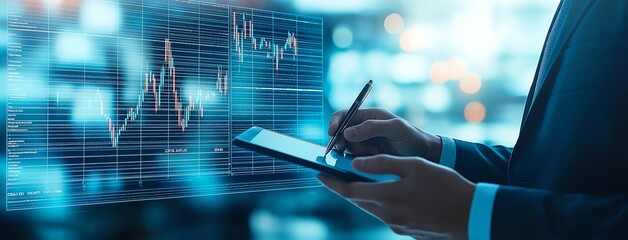 Businessman uses tablet with financial graphs. The image conveys modern technology and finance trends, highlighting digital analysis in the business world with blue color scheme.