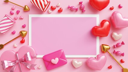 Valentines day blank on pink background frame 3d rendered illustration