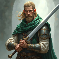 Bearded Celtic warrior with a longsword, fantasy sketch