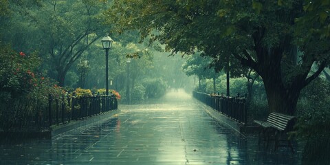 Fototapeta premium Rainy days bring unique beauty during a rain shower, where the gentle patter of raindrops creates a serene atmosphere. Embrace the charm of rainy days as they transform familiar sights.
