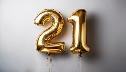 Number 21 golden balloons on white background with copy space. Generated image