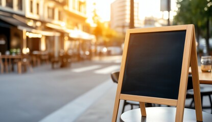 A cozy outdoor cafe scene with a blank chalkboard sign in focus, inviting customization. Warm morning light creates a welcoming atmosphere on a vibrant city street.