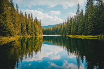 Fototapeta premium Serene lake reflecting trees and sky.