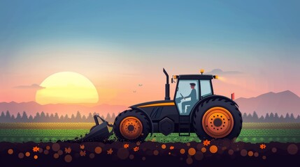 Fototapeta premium Evening sun illuminates a tractor tilling fertile soil in a lush green field of farmland life