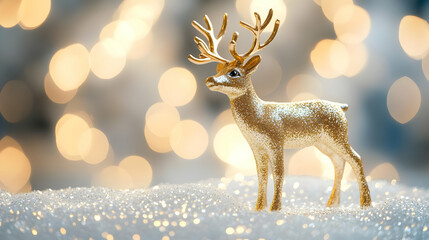 Obraz premium Golden Reindeer Figurine in Sparkling Winter Scene Illustration