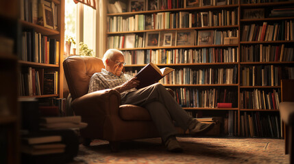 Elderly Man Reading in Cozy Library with Warm Lighting