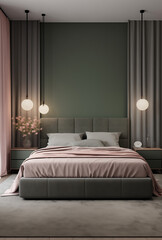 Badroom with bad and green walls and curtains and pink details.