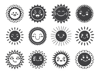 Funny sun with face icon in flat style. Summer sunshine emoji vector illustration on isolated background. Smiling sun sign business concept.
