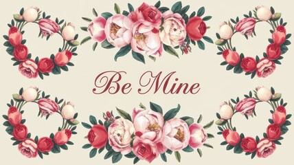 Fototapeta premium Romantic Floral Frame with Handwritten Be Mine Text