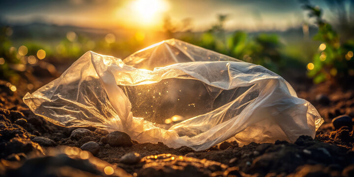 dramatic high angle shot of biodegradable plastic bag illuminated by sunlight, resting on ground amidst greenery, highlighting environmental concerns