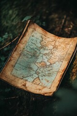 Aged map rests on mossy, dark surface.