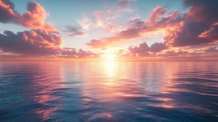 Fototapeta premium Captivating Sunset Over Calm Ocean Waters: A Breathtaking Coastal View