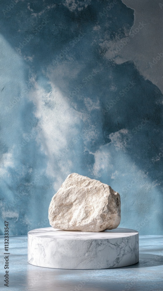 Poster A captivating rock stone rests on a sleek podium, showcasing its natural form against a backdrop of soft blues and clouds. This composition emphasizes artistic simplicity and elegance in design