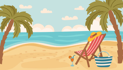 Fototapeta premium Summer beach background. Sun lounger, sand, sea, palms, sky. Travel and vacation concept banner. Vector flat illustration.