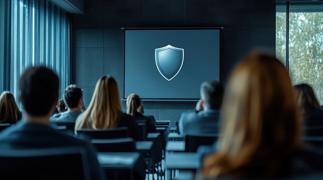 A corporate seminar on cybersecurity with a shield icon representing digital protection and safety awareness. Security Awareness Training Classroom with a shield on a screen.