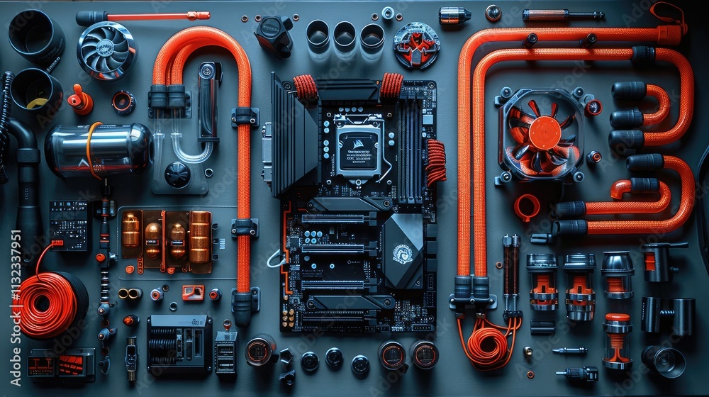 Poster computer components and custom water cooling loop system.