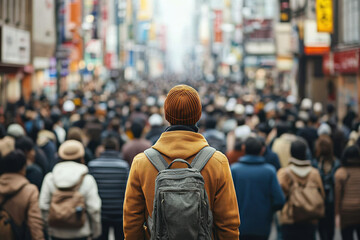 Fototapeta premium A lone figure stands at the edge of a bustling crowd in a vibrant urban setting, reflecting on city life.
