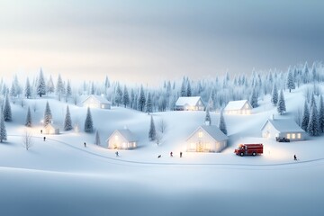 Fototapeta premium Winter wonderland scene with snow-covered houses, pine trees, and a red bus traversing the white landscape at dusk