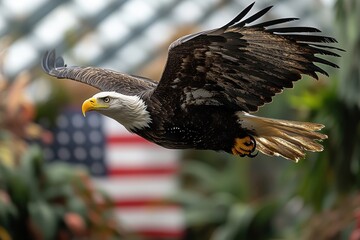 Naklejka premium A bald eagle is flying over a red, white, and blue American flag