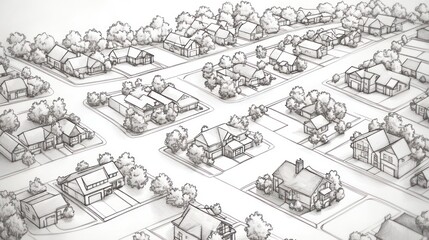 Suburban Neighborhood Sketch: A Bird's-Eye View of Residential Area