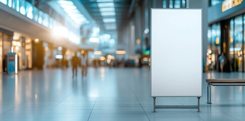 Fototapeta premium Modern transportation hub with a clean, bright interior featuring an empty advertisement board and blurred silhouettes of travelers. Ideal for business or travel-related concepts.