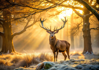Majestic stag stands in golden sunlight, surrounded by serene forest. warm rays filter through trees, creating tranquil atmosphere in snowy landscape
