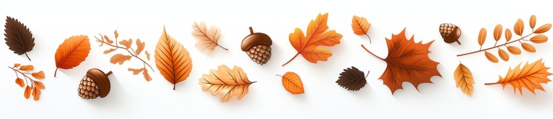 A seamless pattern of autumn leaves and acorns in warm shades of orange and brown on a white background, capturing the essence of fall.