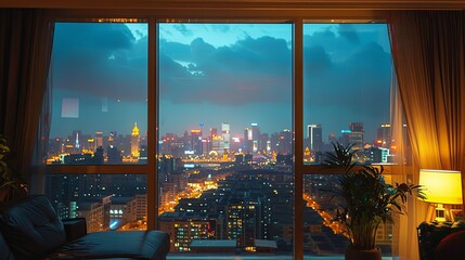 Night cityscape view from a modern apartment's large window.