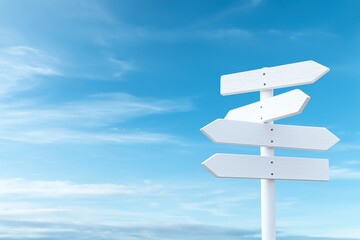 A white signpost with multiple blank directional arrows against a bright blue sky, symbolizing choices and direction in travel or life.