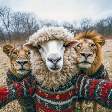 Kombiniertes Tierportr&auml;t mit Schaf und L&ouml;we