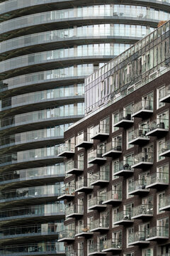 A view featuring layered architectural styles and varying textures of modern buildings, illustrating the evolution of design processes and contemporary urban life in London UK
