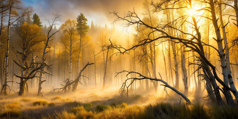 Obraz premium serene forest scene bathed in golden hour light, with wispy fog enveloping trees and creating mystical atmosphere. interplay of light and shadow enhances beauty of nature