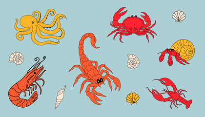 A set of cartoon sea animals, featuring a variety of colorful and playful marine creatures