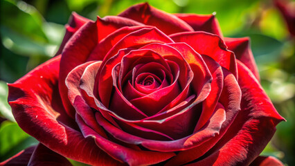 vibrant crimson rose blooms, showcasing its smooth petals and delicate ruffled edges, surrounded by lush green foliage, evoking sense of beauty and elegance