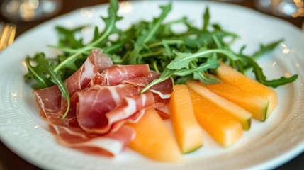 A slice of authentic Italian prosciutto and melon appetizer, served elegantly with arugula leaves