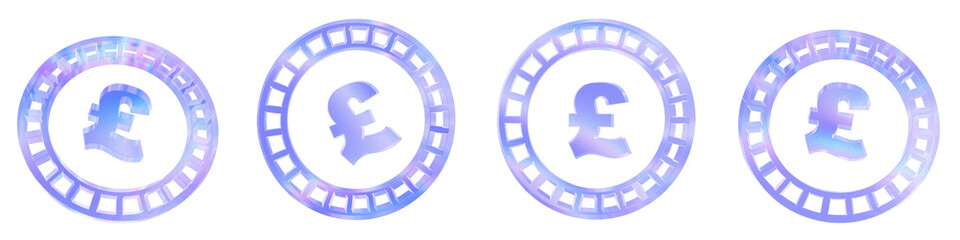 Fototapeta premium Set of 4 3d glass pound coin shape with aberration effect isolated on a transparent background. Blue tone. 3d transparent elements for graphic design.