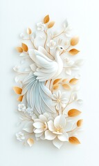 Elegant paper-cut art depicting a white bird amidst blooming flowers and golden leaves, showcasing delicate craftsmanship with a serene natural theme.