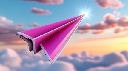 Naklejka premium Pink paper airplane is flying through the sky. The image has a whimsical and playful mood, as the airplane is not a real one but a paper model
