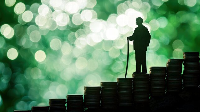 Silhouette of elderly man on coin stacks, symbolizing wealth and retirement planning.